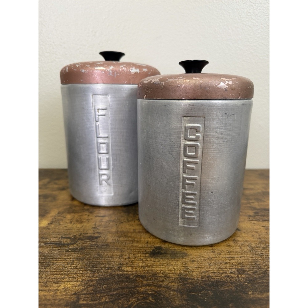 Vintage 1950s Mid CenturyAluminum‎ Brushed Coffee &  Flour Canister Kitchen Set